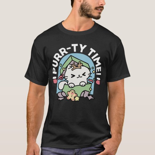 Weihnachtsfeier mit Purr-ty-Time Cat T-Shirt (Vorderseite)