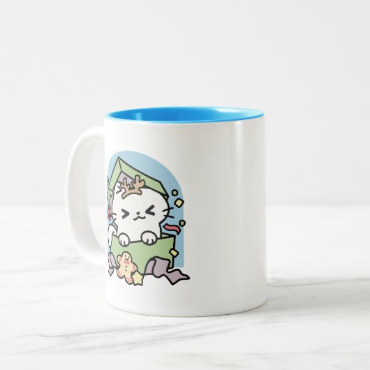 Weihnachtsfeier mit Purr-ty-Time Cat Zweifarbige Tasse (Vorderseite Links)