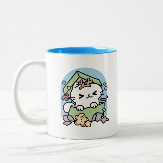 Weihnachtsfeier mit Purr-ty-Time Cat Zweifarbige Tasse (Links)