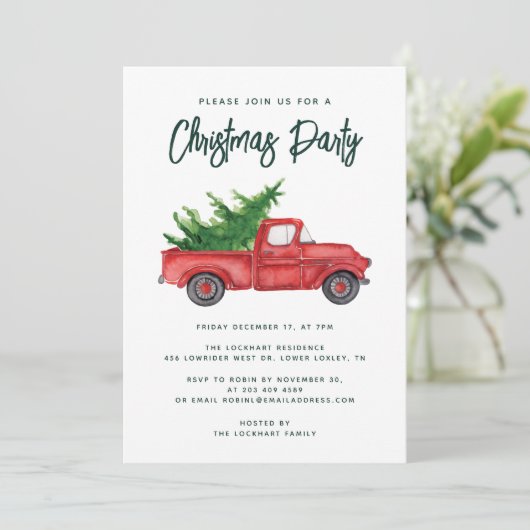 Weihnachtsfeier mit rotem LKW Einladung (Stehend Vorderseite)