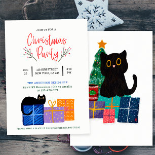 Weihnachtsfeier mit süzer schwarzer Katze Kaffee K Einladung