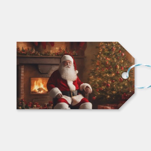 Weihnachtsfeier mit Weihnachtsbaum und Kamin Geschenkanhänger (Vorderseite (Horizontal))