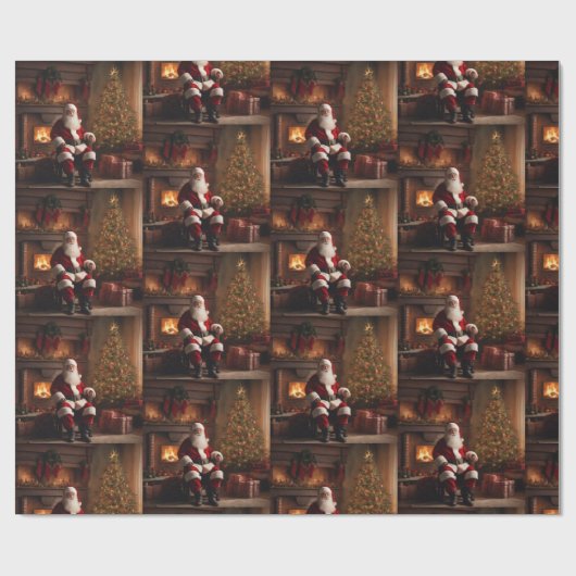 Weihnachtsfeier mit Weihnachtsbaum und Kamin Geschenkpapier (Flach)