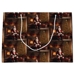 Weihnachtsfeier mit Weihnachtsbaum und Kamin Große Geschenktüte