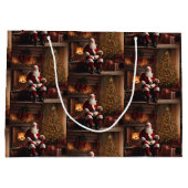 Weihnachtsfeier mit Weihnachtsbaum und Kamin Große Geschenktüte (Rückseite)