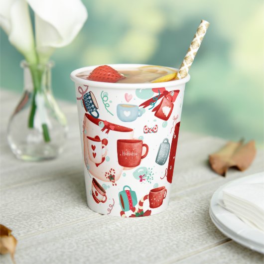 Weihnachtsfeier niedliches Muster rot und blau Pappbecher (In Situ)