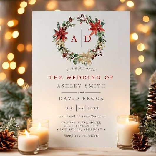 Weihnachtsfeier Poinsettia Monogram Wreath Wedding Einladung