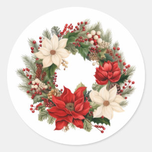 Weihnachtsfeier Poinsettia und Berries Wreath Runder Aufkleber