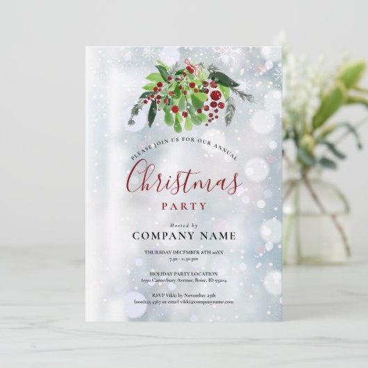 Weihnachtsfeier Red Berries Snow Company Einladung (Stehend Vorderseite)