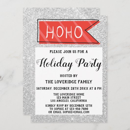 Weihnachtsfeier Red & Grau Silver Glitzer Einladung (Vorne/Hinten)