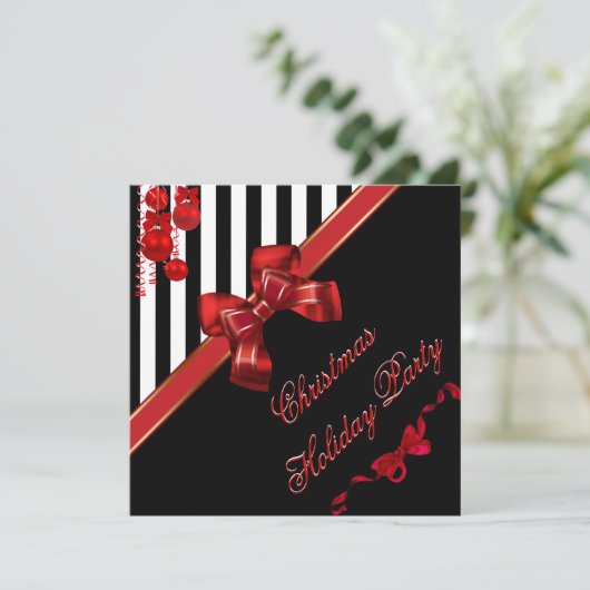 Weihnachtsfeier Red White Strip Xmas Bow Einladung (Stehend Vorderseite)