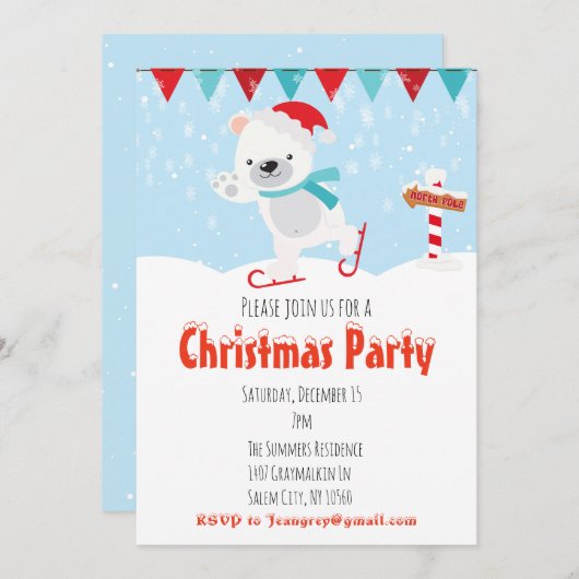 Weihnachtsfeier Skaten Polar Bär Einladung (Vorne/Hinten)