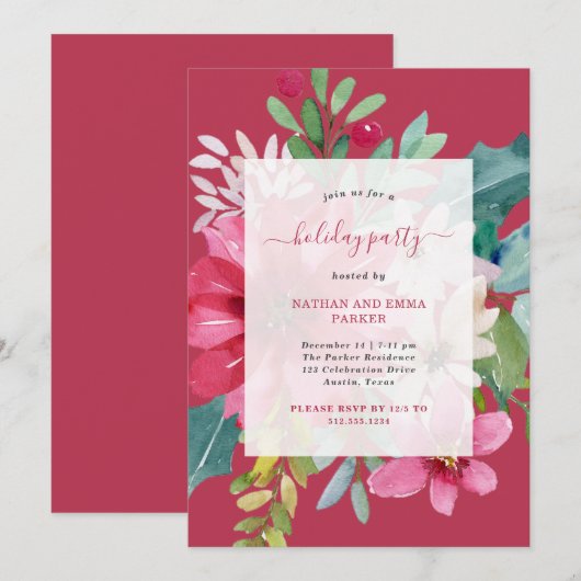 Weihnachtsfeier Vibrann Wasserfarben Blumen Einladung (Vorne/Hinten)
