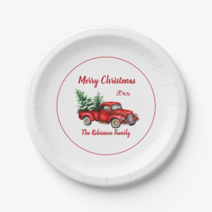 Weihnachtsfeier Wasserfarbe Vintage-Rotlastwagen Pappteller