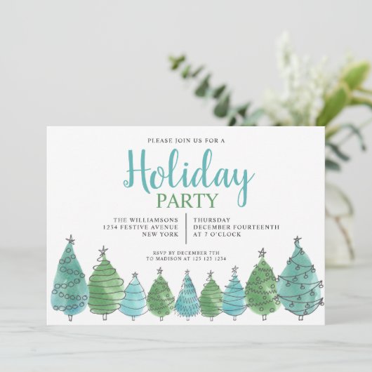 Weihnachtsfeier "Watercolor Green Christmas Trees" Einladung (Stehend Vorderseite)