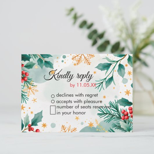 Weihnachtsfeier - Weihnachtskarte - Holly RSVP Karte (Stehend Vorderseite)