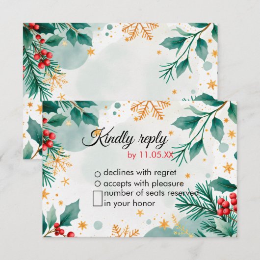 Weihnachtsfeier - Weihnachtskarte - Holly RSVP Karte (Vorne/Hinten)
