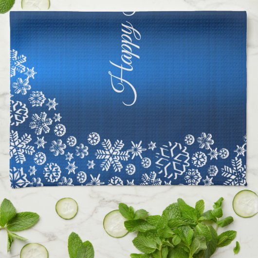 Weihnachtsfeier White Snowflakes Navy Blue Geschirrtuch (Gefaltet)