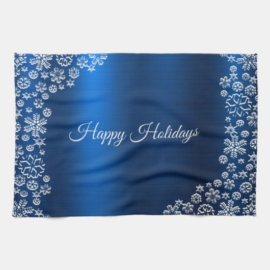 Weihnachtsfeier White Snowflakes Navy Blue Geschirrtuch (Horizontal)