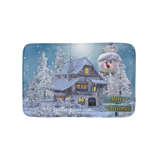 Weihnachtsfeier Winter Weißer Schneemann Blau Rust Badematte (Vorderseite)