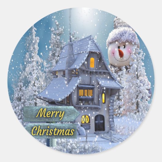Weihnachtsfeier Winter Weißer Schneemann Blau Rust Runder Aufkleber (Vorderseite)