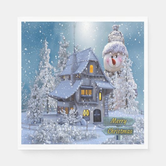 Weihnachtsfeier Winter Weißer Schneemann Blau Rust Serviette (Vorderseite)