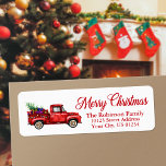 Weihnachtsfeierliche Rücksendeadresse mit Aquarell<br><div class="desc">Ein schönes Rücksendeetikett mit modernem Kalligrafieschrift Frohe Weihnachten mit einem Vintagen Truck in Aquarellfarbe mit Saitenleuchten und gefüllt mit einem Baum und Geschenken für alle.</div>