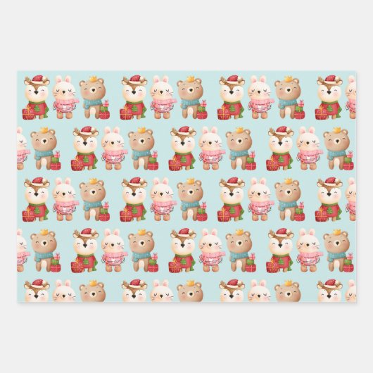 Weihnachtsfeiern - Rentierbär und Kaninchenmuster Geschenkpapier Set (Vorderseite 3)