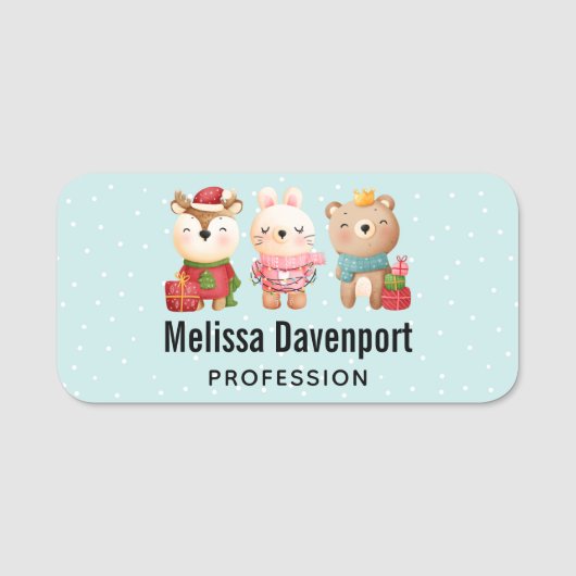 Weihnachtsfeiern - Rentiere, Bären und Kaninchen Namensschild (Vorderseite)