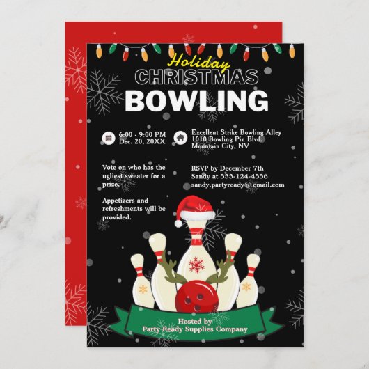 Weihnachtsfeiertag Bowling Schwarzes & Rotes Schne Einladung (Vorne/Hinten)