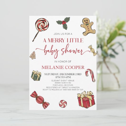 Weihnachtsfeiertag Eine lustige kleine Babydusche Einladung (Stehend Vorderseite)