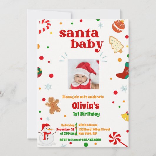 Weihnachtsfeiertag Foto 1. Geburtstag Einladung (Vorderseite)