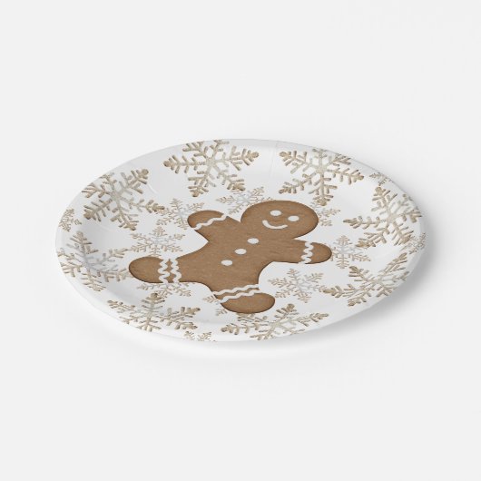 Weihnachtsfeiertag Gingerbrot Mann und Schneeflock Pappteller (Schrägansicht)