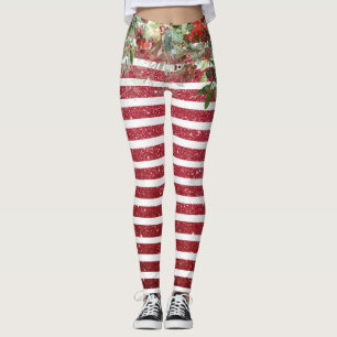 Weihnachtsfeiertag Glitzer Pine Poinsettia Rot Leggings
