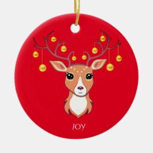 Weihnachtsfeiertag Goldenes Hirsch auf Rot Keramik Ornament