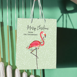 Weihnachtsfeiertag Grün Rosa Flamingo Schnee Mittlere Geschenktüte