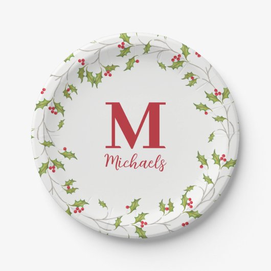 Weihnachtsfeiertag Holly Berries Monogram Pappteller (Vorderseite)