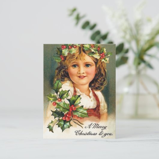 Weihnachtsfeiertag Holly Mädchen Postkarte (Stehend Vorderseite)