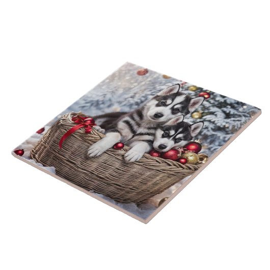 Weihnachtsfeiertag Husky Welpe Hunde Kunst Fliese (Seite)