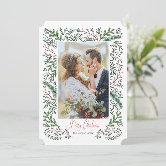 Weihnachtsfeiertag | Kiefernbaumrahmen | Fotokarte Feiertagskarte (Stehend Vorderseite)