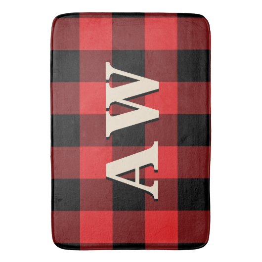 Weihnachtsfeiertag Monogram Red Black Gingham Badematte (Vorderseite Vertikal)