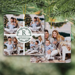 Weihnachtsfeiertag Monogramm 5 Foto Keramikornament<br><div class="desc">Dieses elegante,  moderne personalisierte Weihnachtsschmuck mit 4 Fotos vorne und einem auf der Rückseite. In der Mitte auf der Vorderseite befindet sich ein geteilter Kranz mit Monogramm Initial,  Familienname und Jahr.</div>