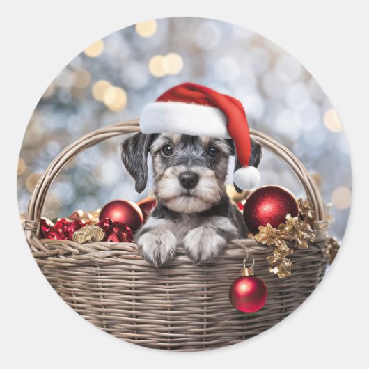 Weihnachtsfeiertag Niedlich Schnauzer Welpe Runder Aufkleber (Vorderseite)