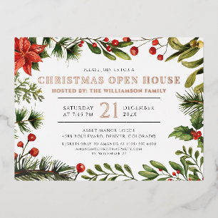 Weihnachtsfeiertag Offenes Haus Botanische Rose Go Folie Einladungspostkarte