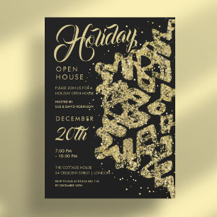 Weihnachtsfeiertag Open House Gold Glitzern Black Einladung