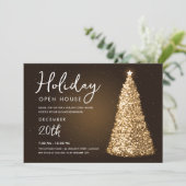 Weihnachtsfeiertag Open House Gold Tree Einladung (Stehend Vorderseite)