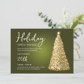 Weihnachtsfeiertag Open House Gold Tree Green Einladung (Stehend Vorderseite)