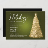 Weihnachtsfeiertag Open House Gold Tree Green Einladung (Vorne/Hinten)