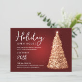 Weihnachtsfeiertag Open House Gold Tree Red Einladung (Stehend Vorderseite)