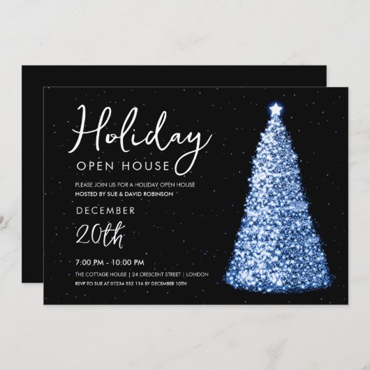 Weihnachtsfeiertag Open House Navy Tree Einladung (Vorne/Hinten)